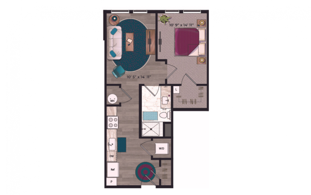 A1a - 1 bedroom floorplan layout with 1 bath and 654 square feet.