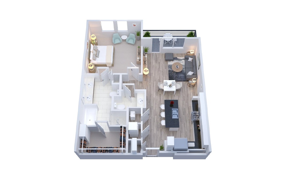 AURA10 - 1 bedroom floorplan layout with 1.5 bath and 999 square feet.