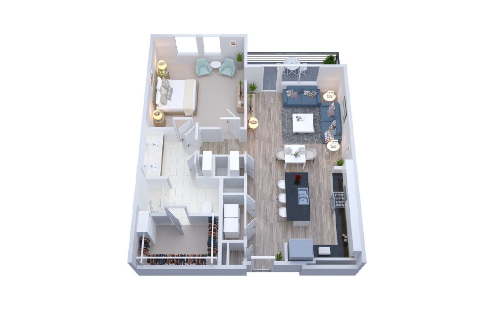 AURA11 - 1 bedroom floorplan layout with 1 bath and 999 square feet.
