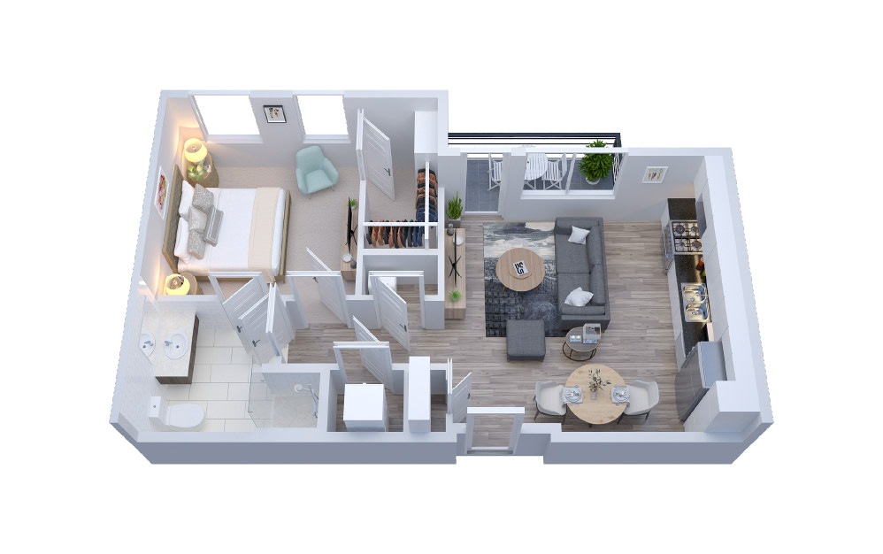 AURA1 - 1 bedroom floorplan layout with 1 bath and 653 square feet.