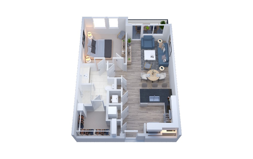 AURA2 - 1 bedroom floorplan layout with 1 bath and 749 to 755 square feet.