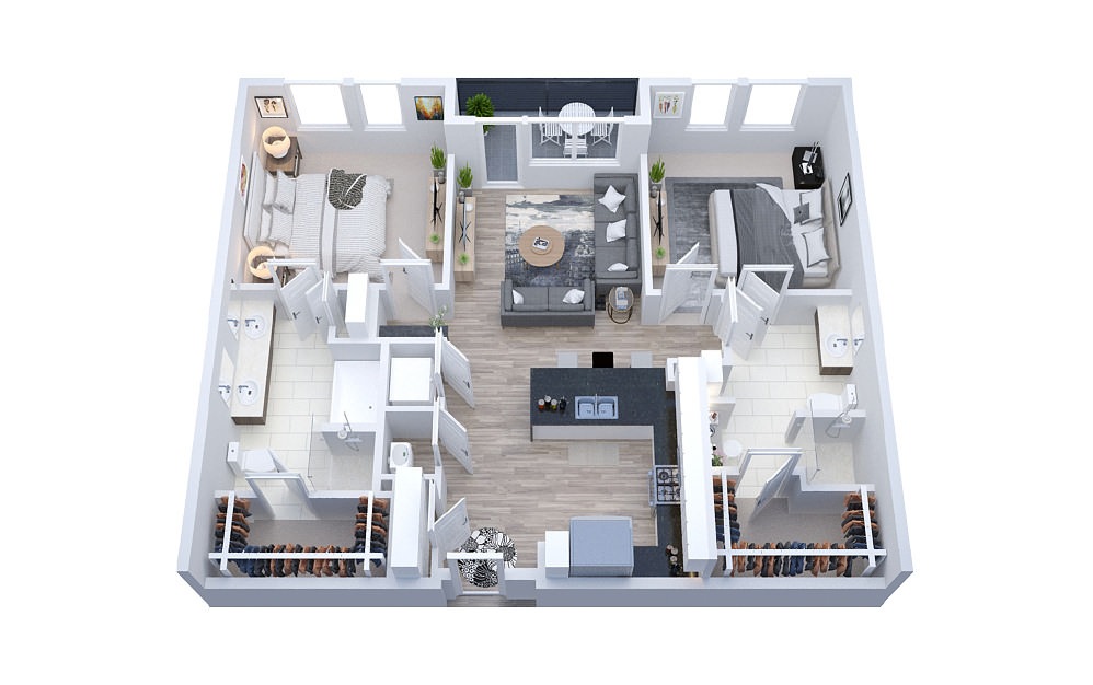AURB1 - 2 bedroom floorplan layout with 2 baths and 1184 square feet.