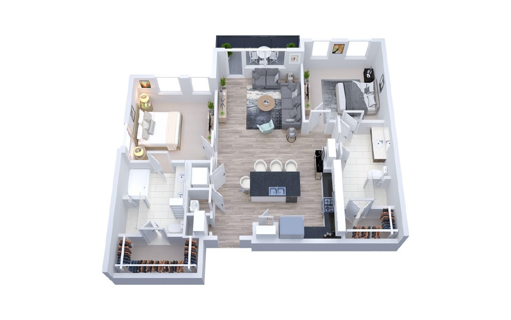B2 - 2 bedroom floorplan layout with 2 baths and 1199 square feet.