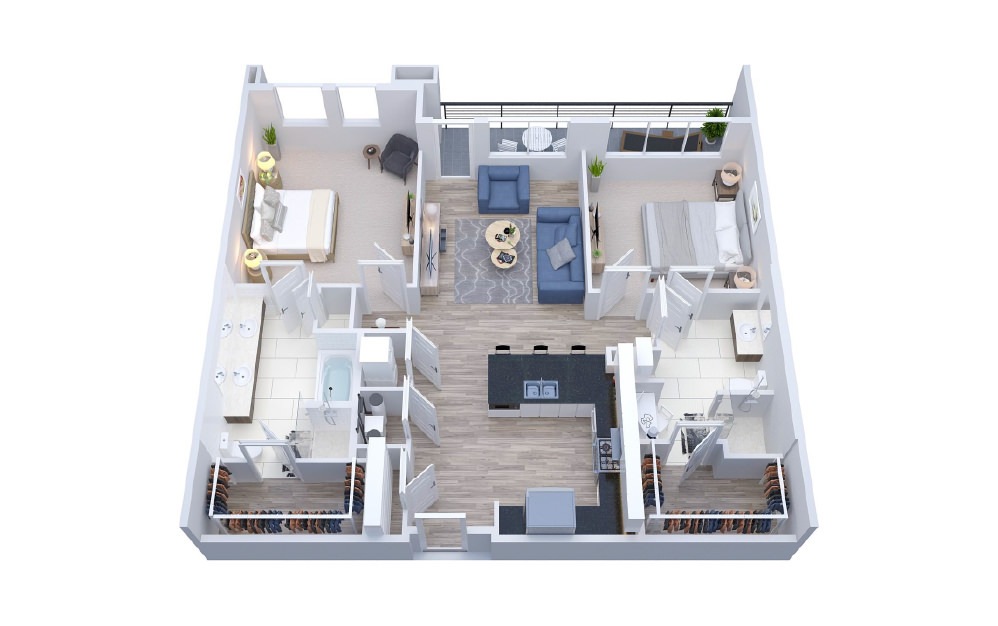 B5 - 2 bedroom floorplan layout with 2 baths and 1263 square feet.